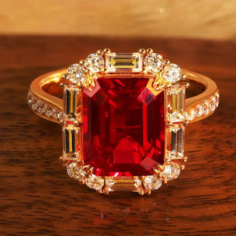 Pigeon Blood 3 Ct Emerald Cut Lab Ruby Engagement Pave Ring - LGG Jewelry