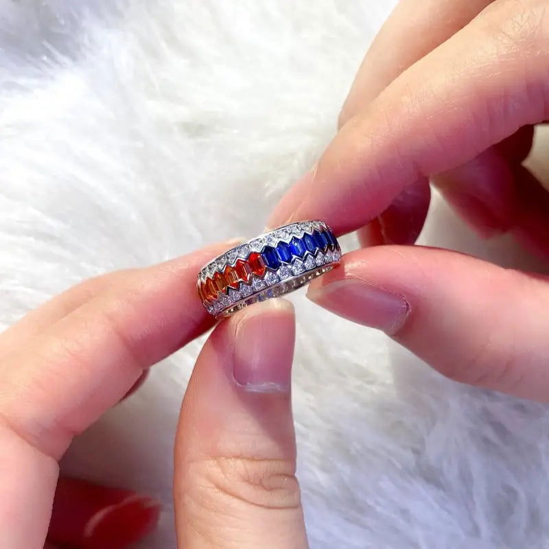 Rainbow Wave Line Elongated Hexagon  Lab Sapphire Channel Eternity Band - LGG Jewelry