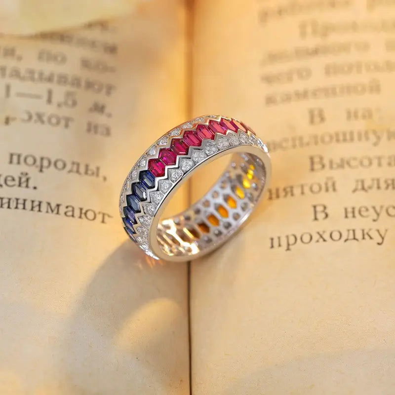 Rainbow Wave Line Elongated Hexagon  Lab Sapphire Channel Eternity Band - LGG Jewelry