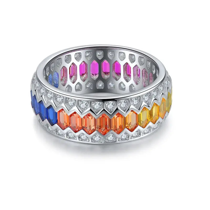 Rainbow Wave Line Elongated Hexagon  Lab Sapphire Channel Eternity Band - LGG Jewelry