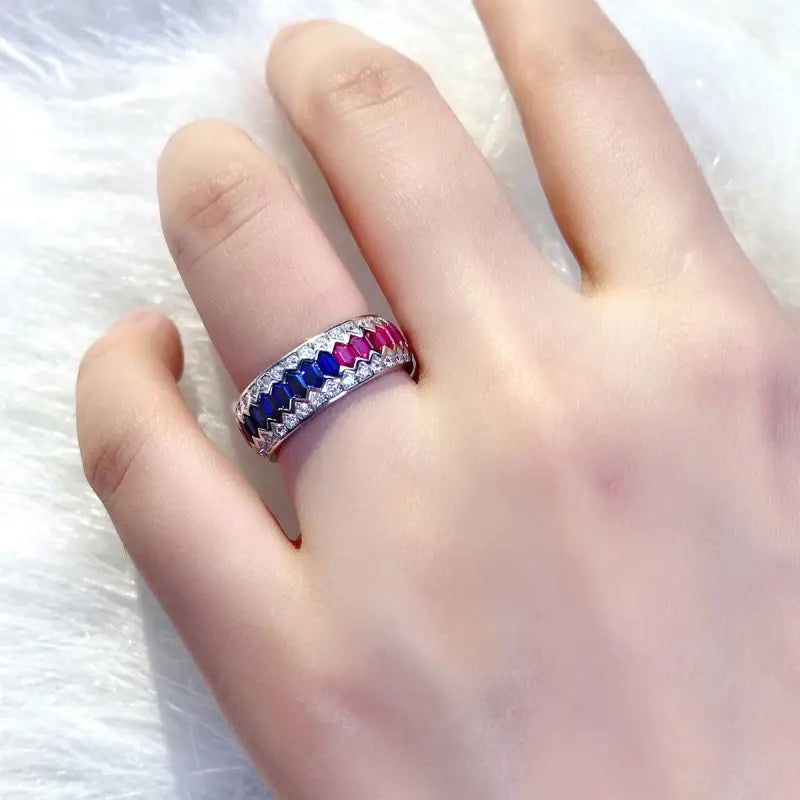 Rainbow Wave Line Elongated Hexagon  Lab Sapphire Channel Eternity Band - LGG Jewelry