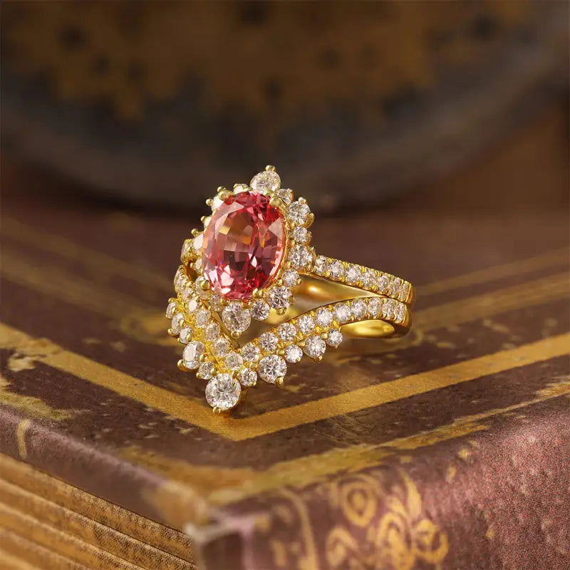 Sparkling Vintage Oval Cut Lab Padparascha Bridal Rings - 2pcs - LGG Jewelry