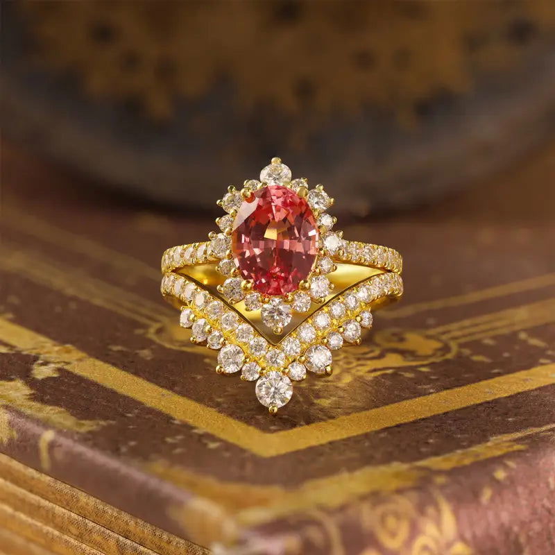 Sparkling Vintage Oval Cut Lab Padparascha Bridal Rings - 2pcs - LGG Jewelry