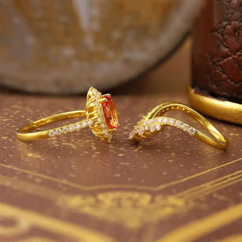Sparkling Vintage Oval Cut Lab Padparascha Bridal Rings - 2pcs - LGG Jewelry