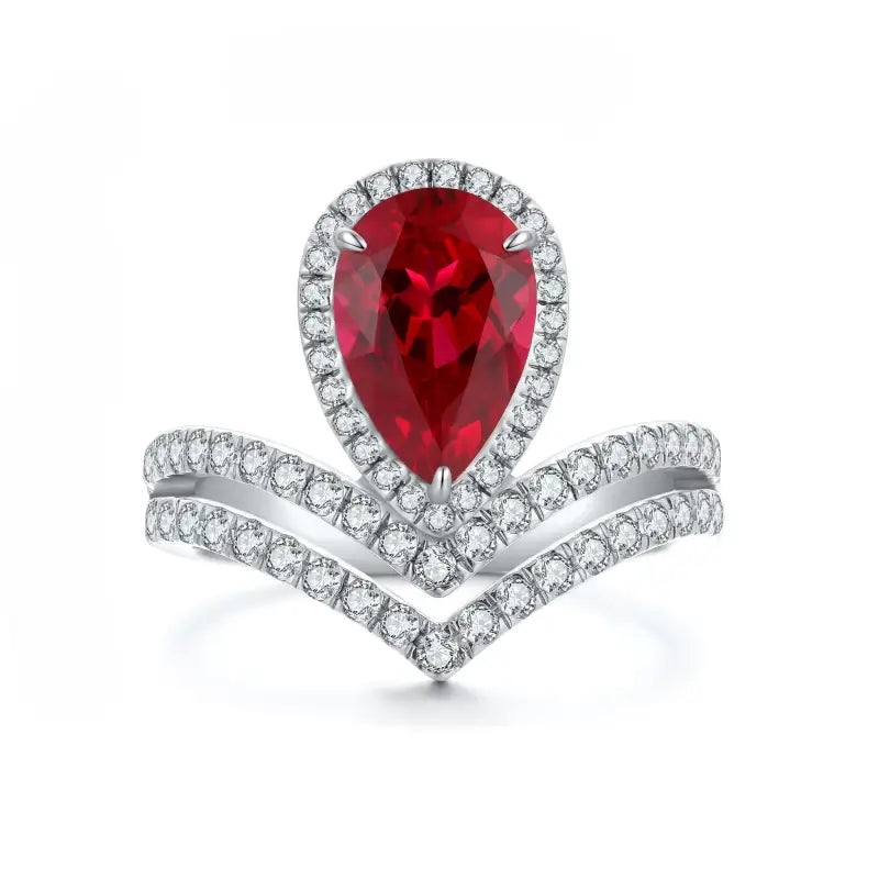 Split Shank Crown 2.7 Ct Pear Lab Ruby Half Pave Halo Engagement Ring - LGG Jewelry