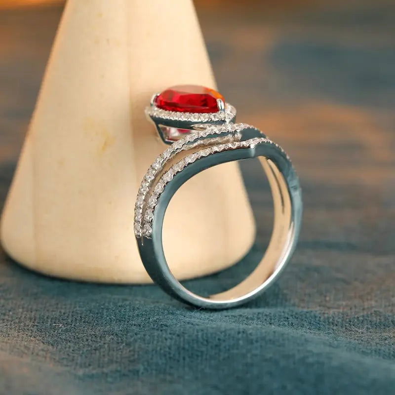 Split Shank Crown 2.7 Ct Pear Lab Ruby Half Pave Halo Engagement Ring - LGG Jewelry