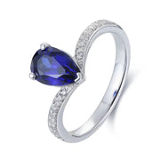 V-Shaped 1.65 Ct Pear Lab Blue Sapphire Half Pave Solitaire Engagement Ring - LGG Jewelry