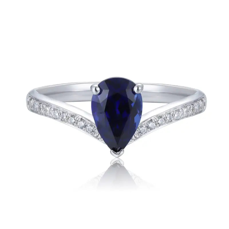 V-Shaped 1.65 Ct Pear Lab Blue Sapphire Half Pave Solitaire Engagement Ring - LGG Jewelry