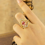 Load image into Gallery viewer, Vintage Trilogy Oval Cut Lab Padparadscha Bridal Rings - 3pcs - LGG Jewelry
