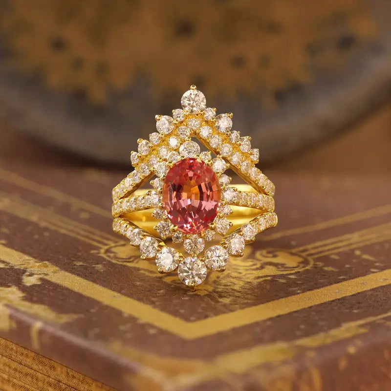 Vintage Trilogy Oval Cut Lab Padparadscha Bridal Rings - 3pcs - LGG Jewelry