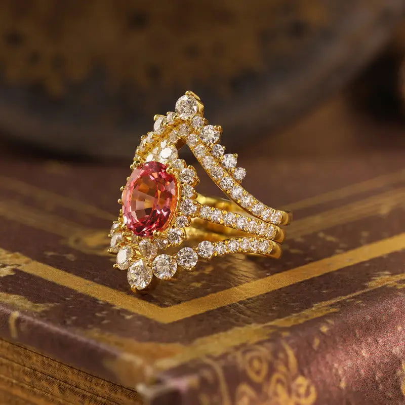 Vintage Trilogy Oval Cut Lab Padparadscha Bridal Rings - 3pcs - LGG Jewelry