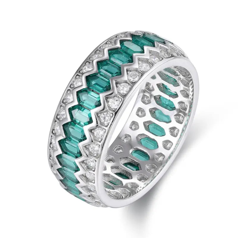 Wave Line Elongated Hexagon Zambia Green Emerald Channel Eternity Band - LGG Jewelry