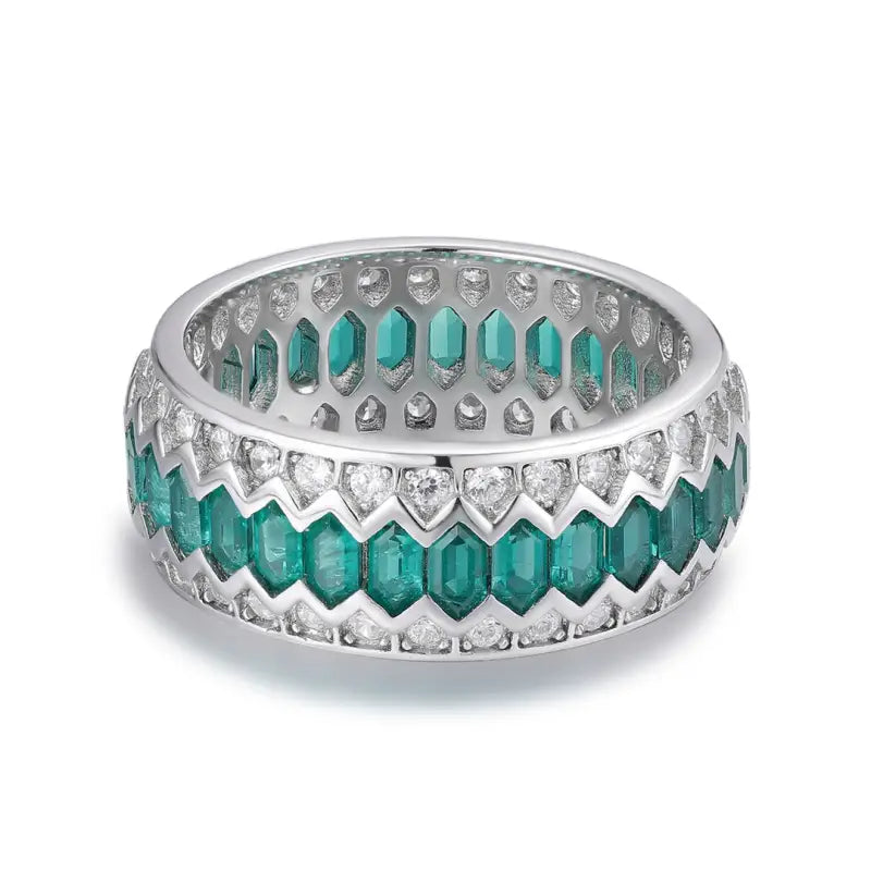 Wave Line Elongated Hexagon Zambia Green Emerald Channel Eternity Band - LGG Jewelry