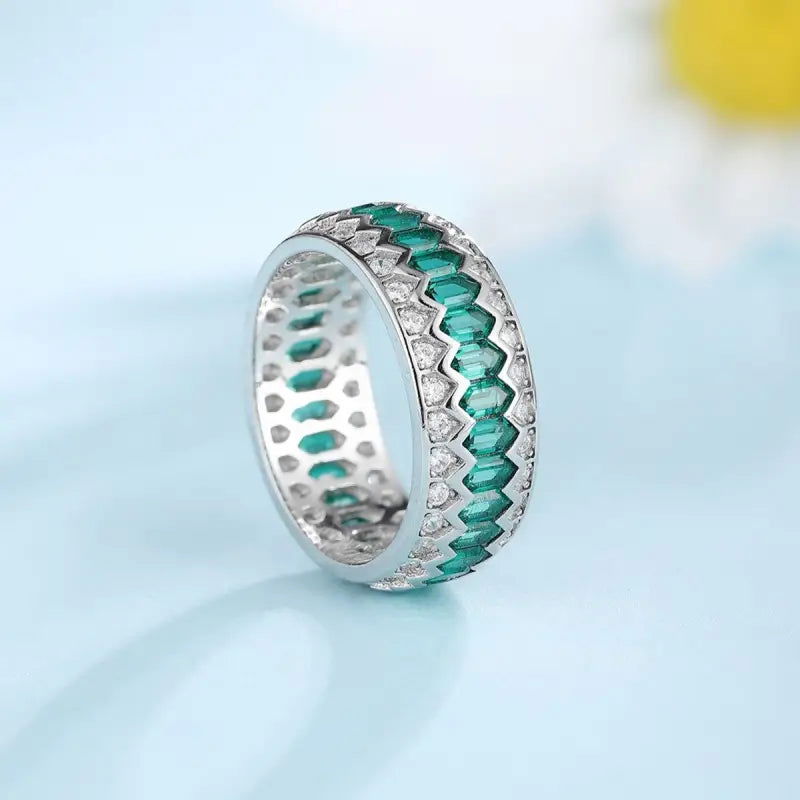 Wave Line Elongated Hexagon Zambia Green Emerald Channel Eternity Band - LGG Jewelry