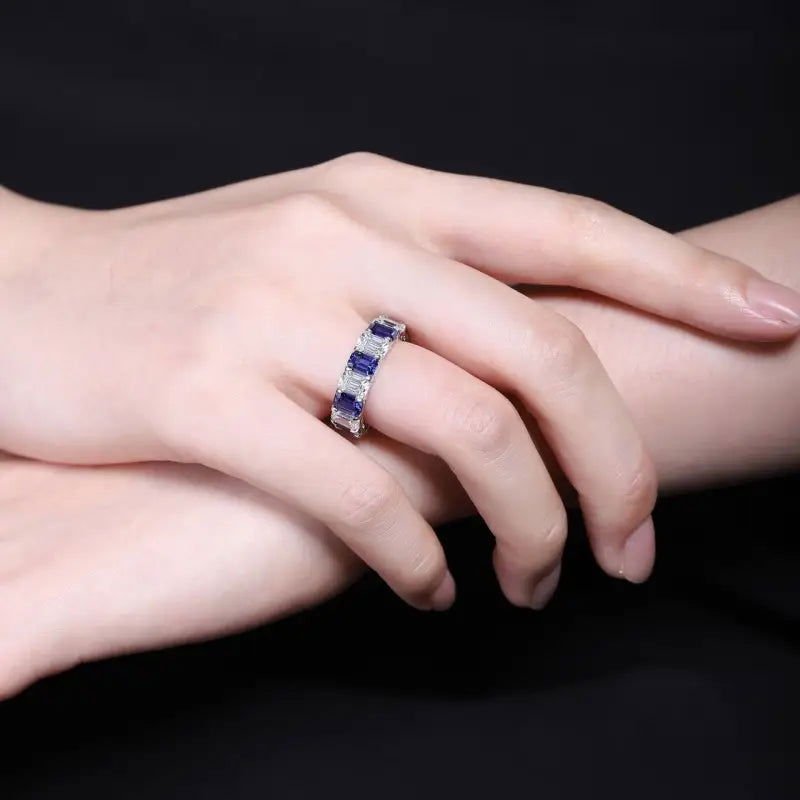 Alternating Emerald Cut Lab Blue Sapphire Eternity Band - LGG Jewelry