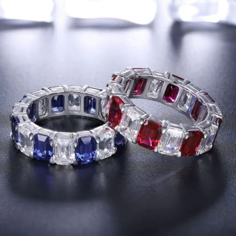 Alternating Emerald Cut Lab Blue Sapphire Eternity Band - LGG Jewelry