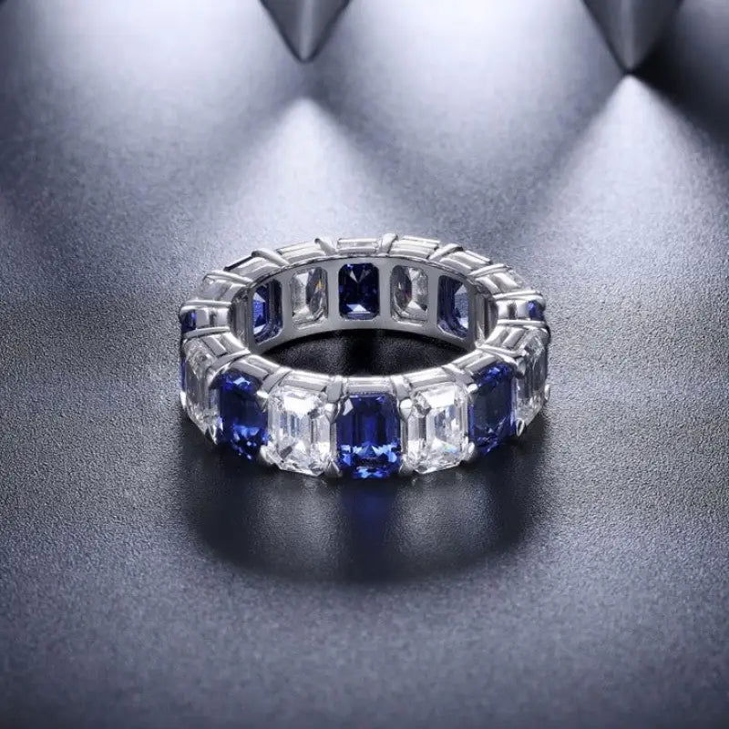 Alternating Emerald Cut Lab Blue Sapphire Eternity Band - LGG Jewelry