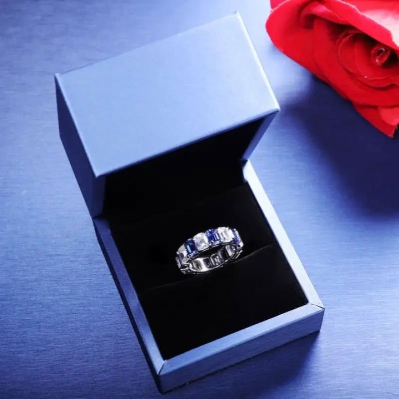 Alternating Emerald Cut Lab Blue Sapphire Eternity Band - LGG Jewelry