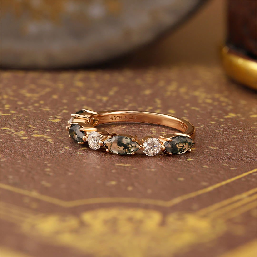 Alternating Marquise Cut Moss Agate and Round Cut Lab Diamond Wedding Band - LGG Jewelry