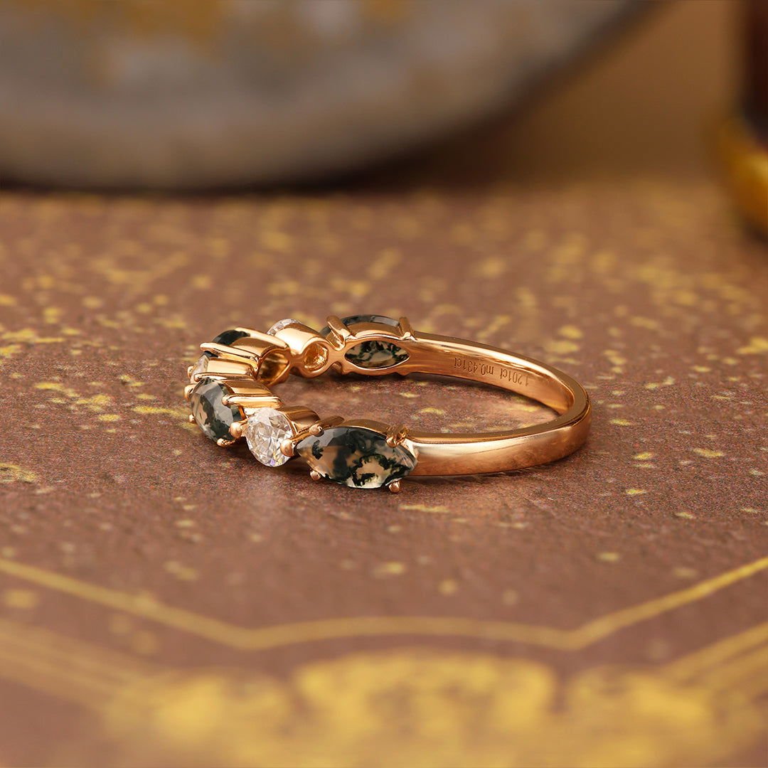 Alternating Marquise Cut Moss Agate and Round Cut Lab Diamond Wedding Band - LGG Jewelry