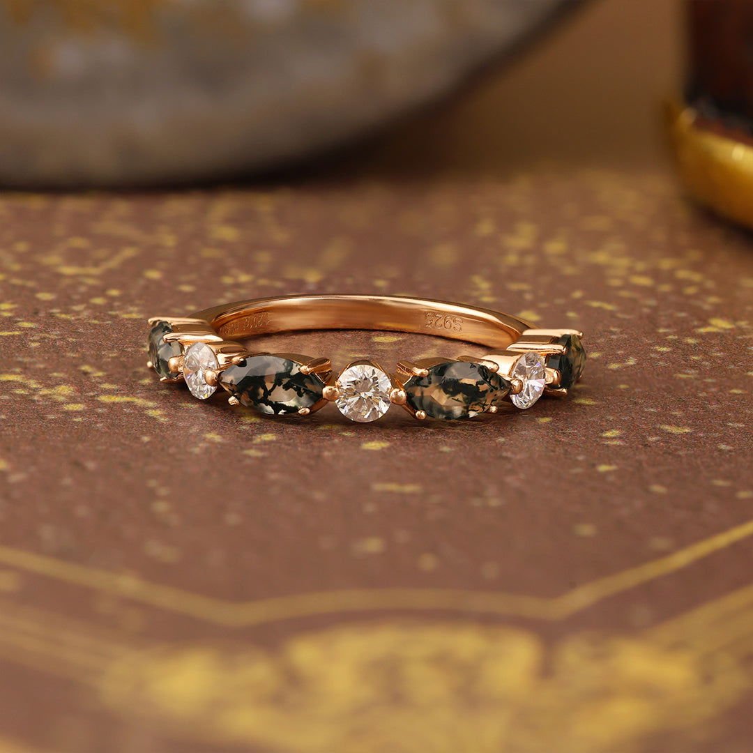 Alternating Marquise Cut Moss Agate and Round Cut Lab Diamond Wedding Band - LGG Jewelry