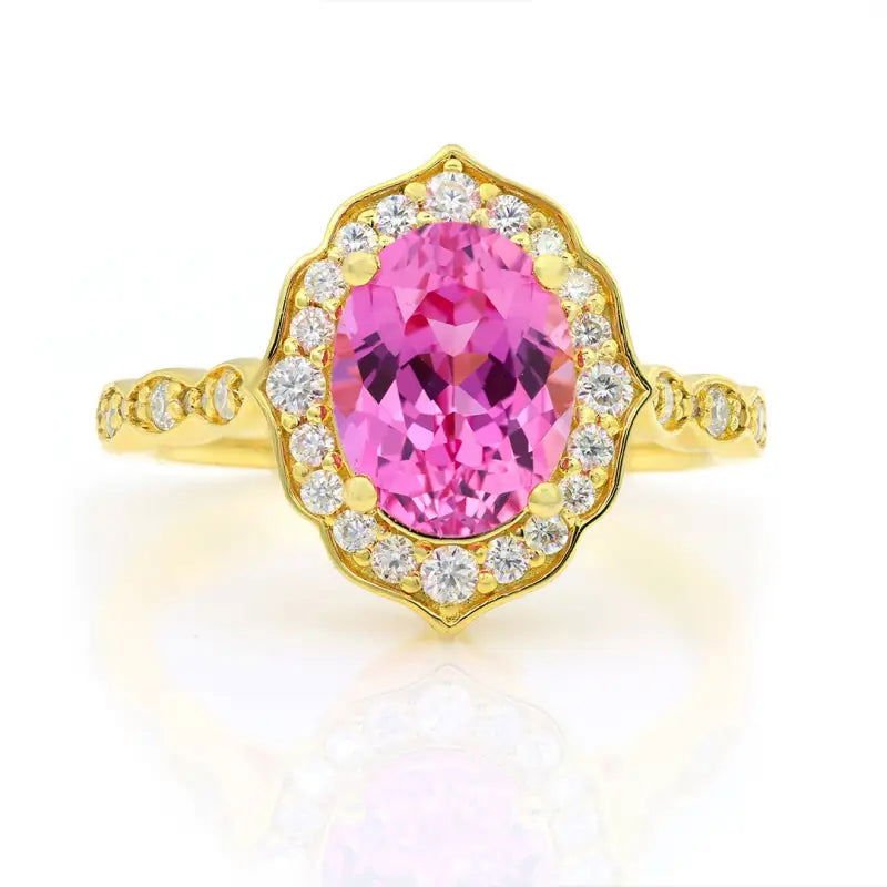 Art Deco Oval Cut Lab Padparadscha Engagement Ring - LGG Jewelry
