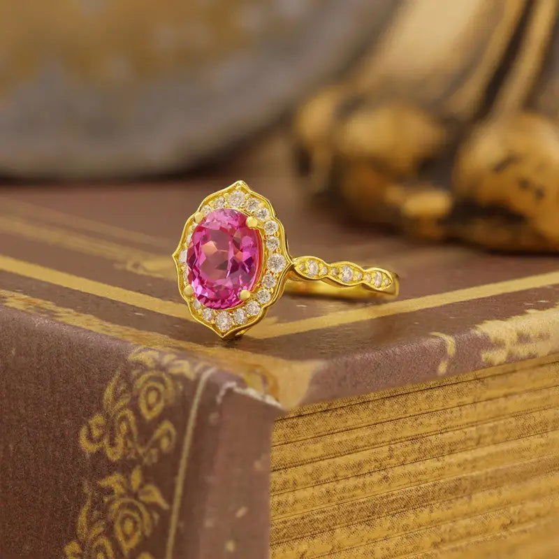 Art Deco Oval Cut Lab Padparadscha Engagement Ring - LGG Jewelry