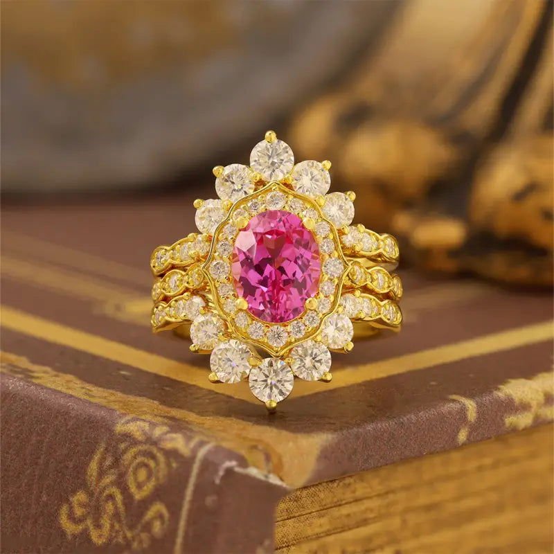 Art Deco Trio Oval Cut Lab Padparadscha Bridal Rings - 3pcs - LGG Jewelry