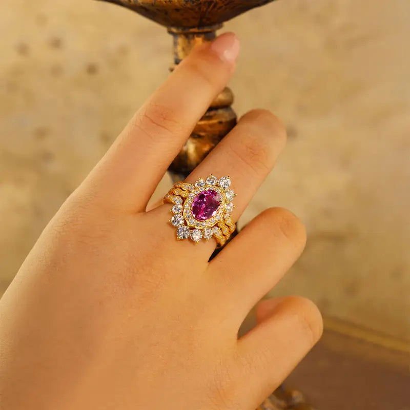 Art Deco Trio Oval Cut Lab Padparadscha Bridal Rings - 3pcs - LGG Jewelry
