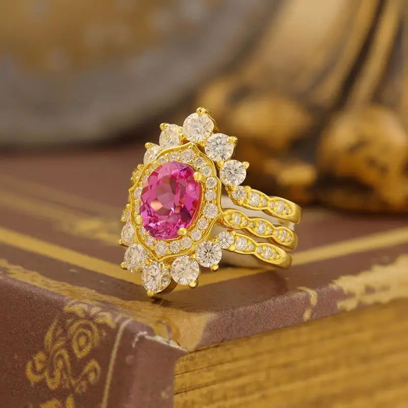 Art Deco Trio Oval Cut Lab Padparadscha Bridal Rings - 3pcs - LGG Jewelry