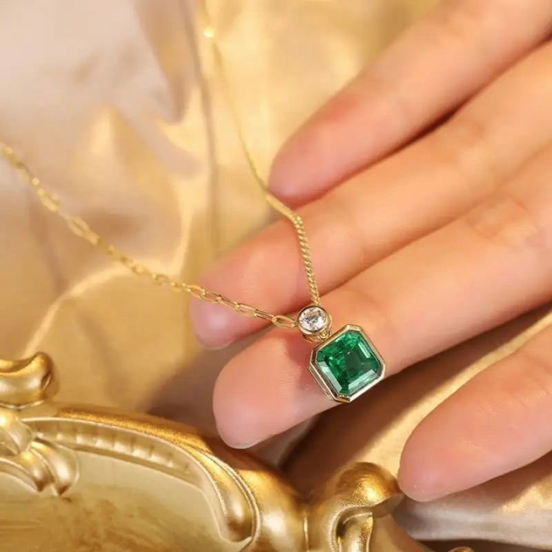 Asscher Cut Columbia Green Lab Emerald Bezel Pendant - LGG Jewelry