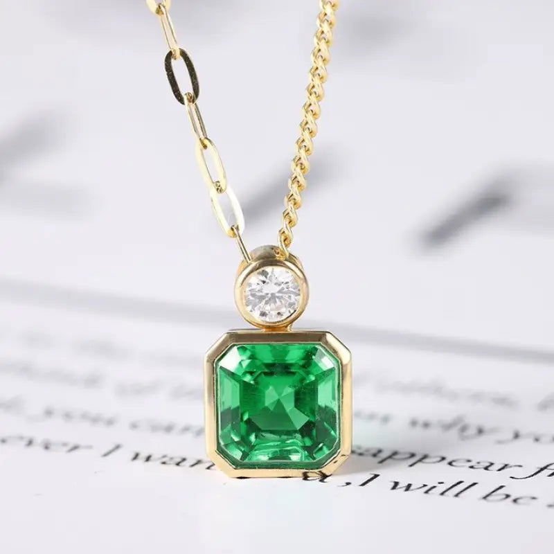 Asscher Cut Columbia Green Lab Emerald Bezel Pendant - LGG Jewelry