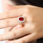 Lade Bild in die Galerieansicht, Big Oval Halo 3 Ct Oval Cut Lab Ruby Engagement Ring - LGG Jewelry
