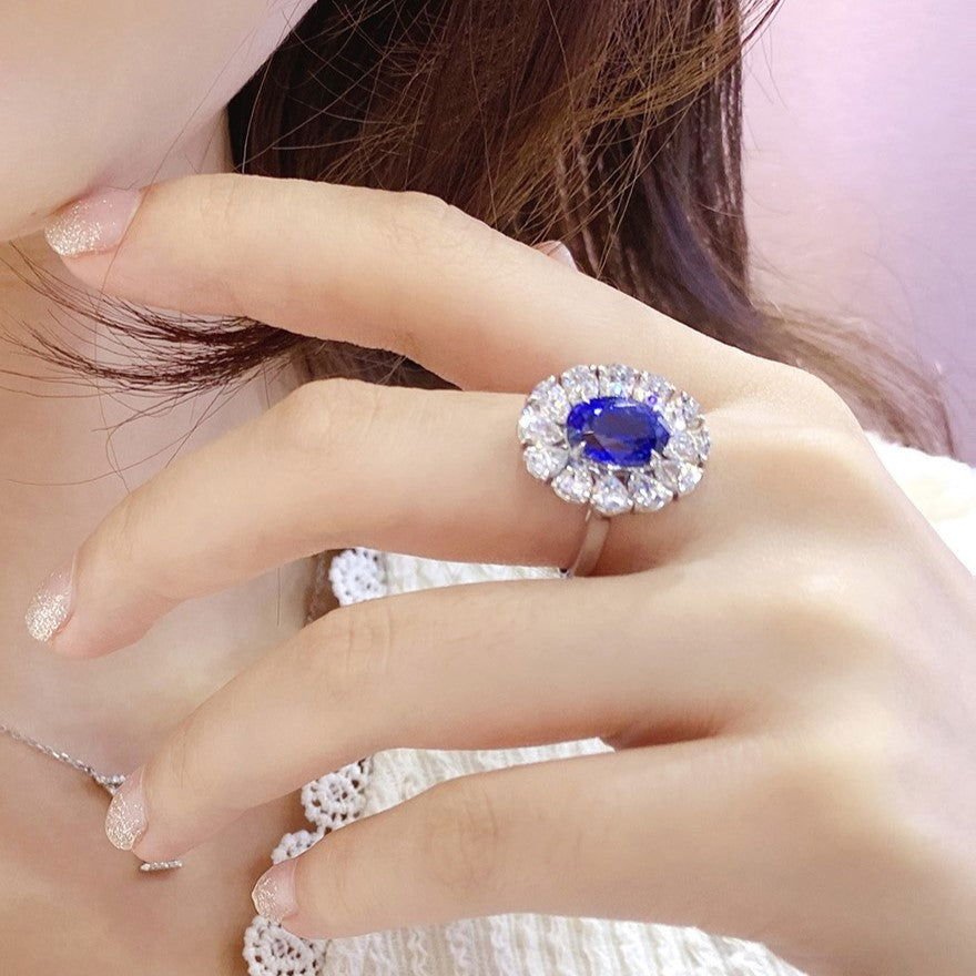 Big Pear Halo 3.5 Ct Oval Cut Lab Blue Sapphire Engagement Ring - LGG Jewelry