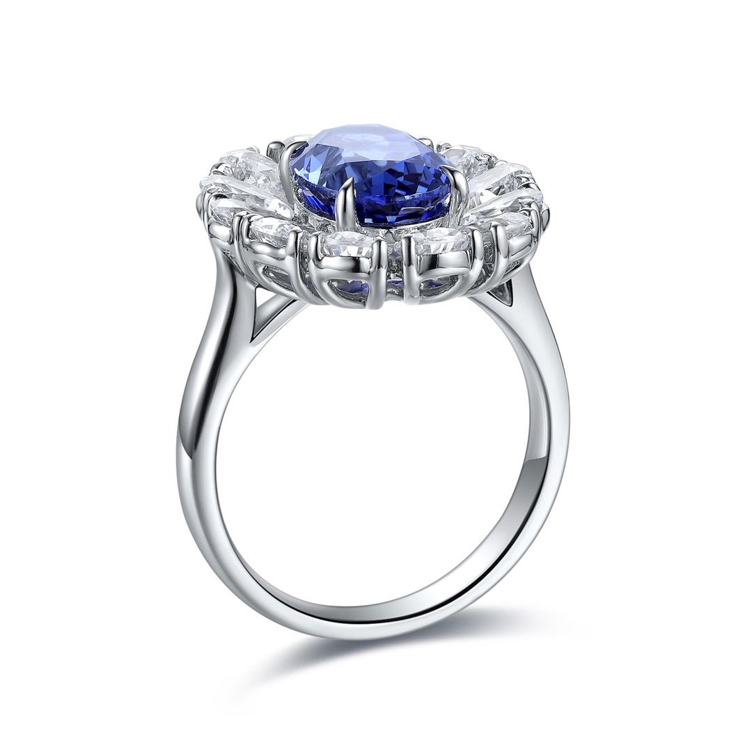 Big Pear Halo 3.5 Ct Oval Cut Lab Blue Sapphire Engagement Ring - LGG Jewelry