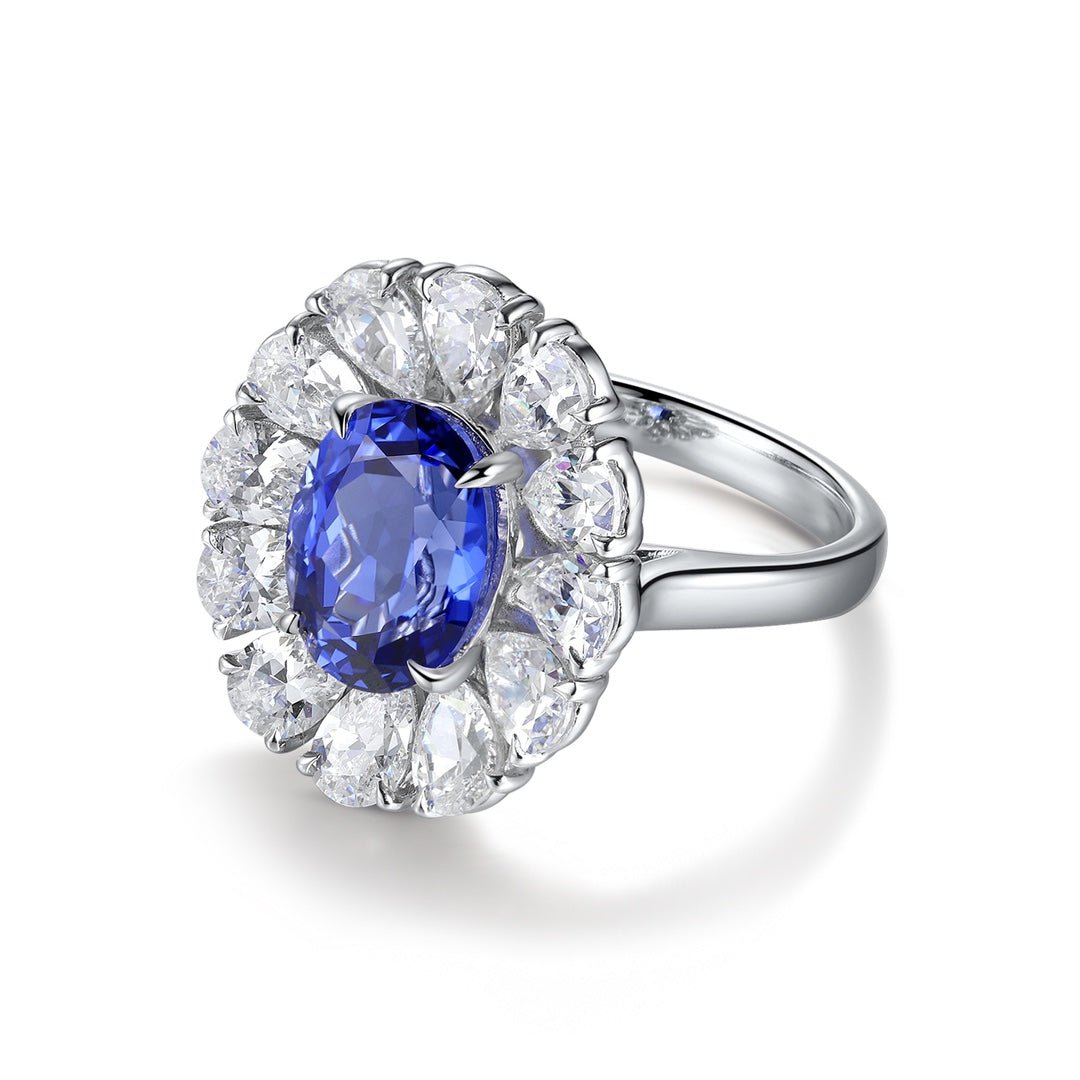 Big Pear Halo 3.5 Ct Oval Cut Lab Blue Sapphire Engagement Ring - LGG Jewelry