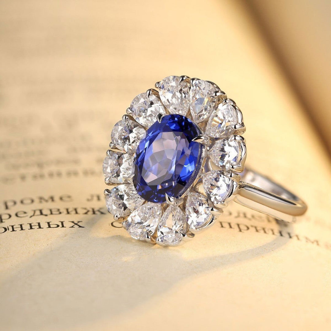 Big Pear Halo 3.5 Ct Oval Cut Lab Blue Sapphire Engagement Ring - LGG Jewelry