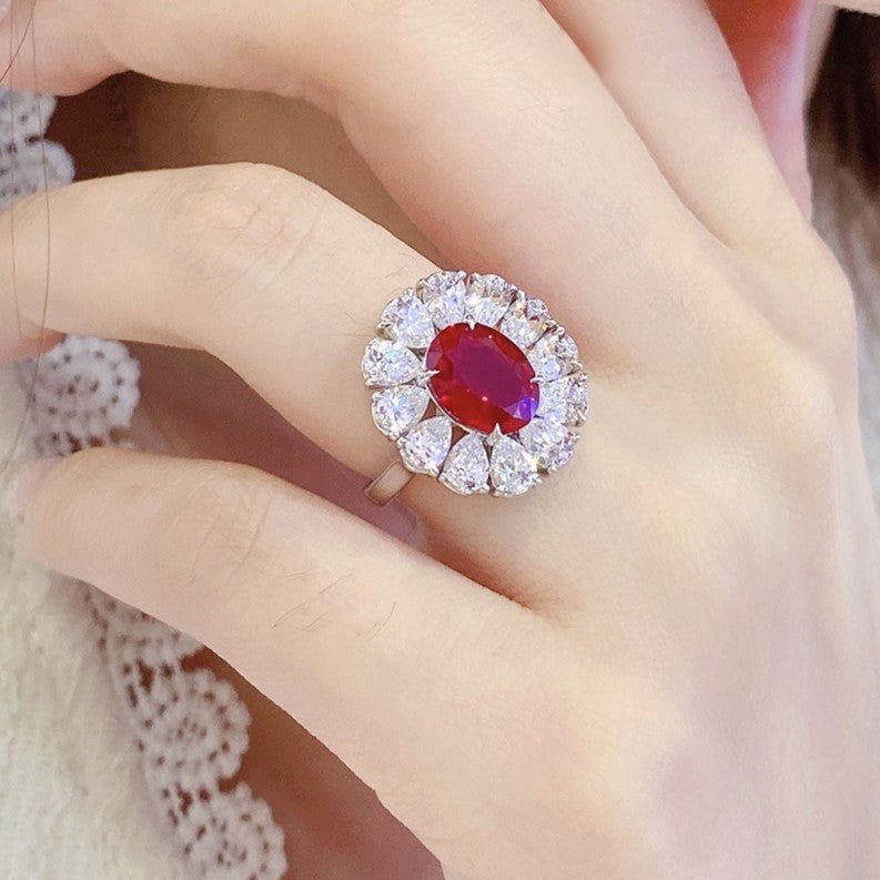 Big Pear Halo 3.5 Ct Oval Cut Lab Ruby Engagement Ring - LGG Jewelry