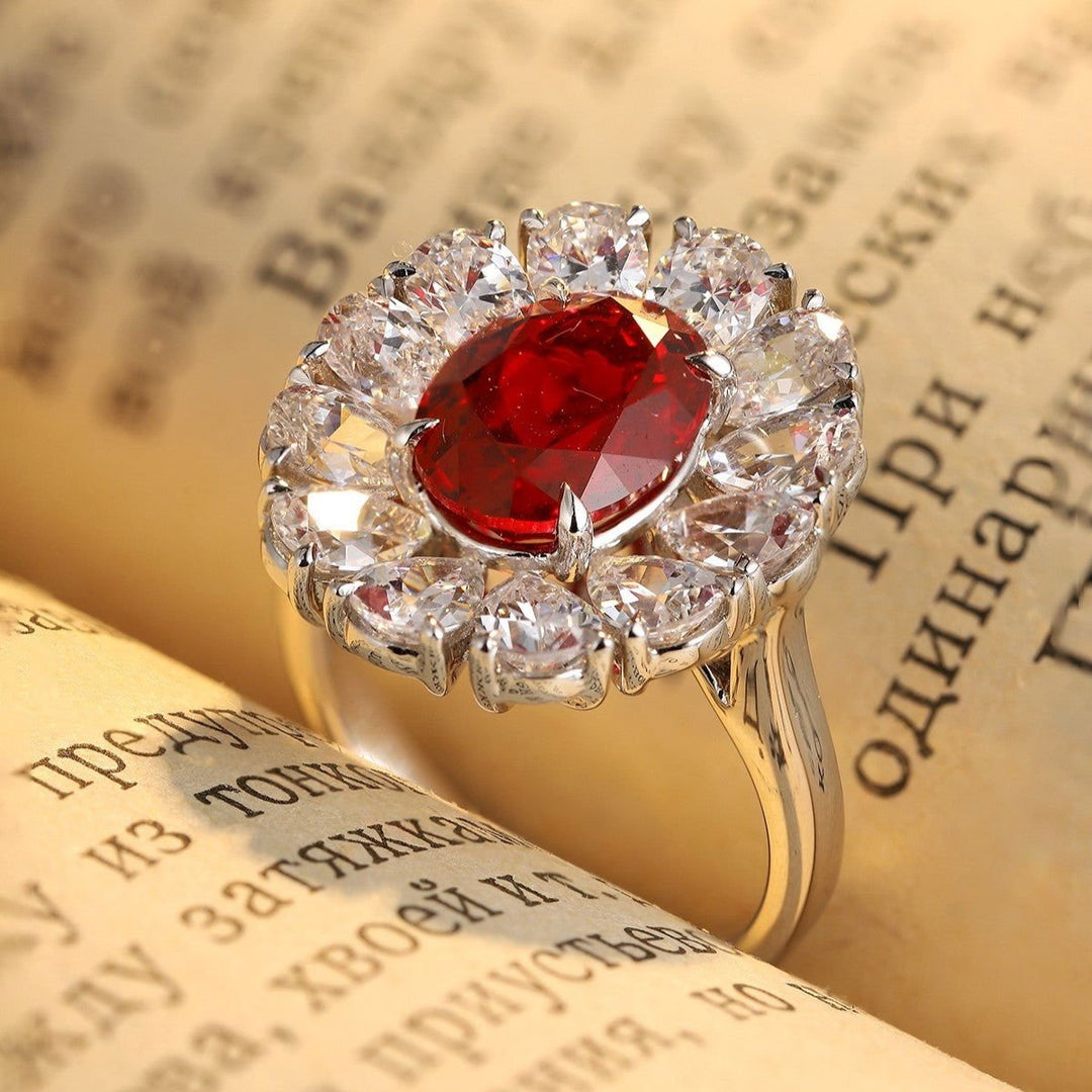 Big Pear Halo 3.5 Ct Oval Cut Lab Ruby Engagement Ring - LGG Jewelry