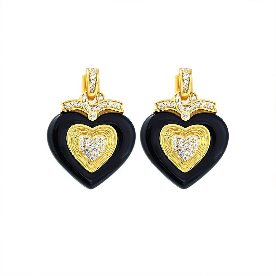 Black Agate Triple Romantic Heart Earrings - LGG Jewelry