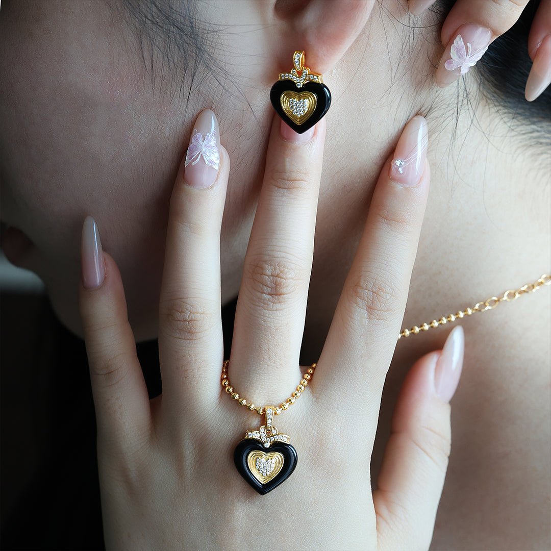 Black Agate Triple Romantic Heart Earrings - LGG Jewelry