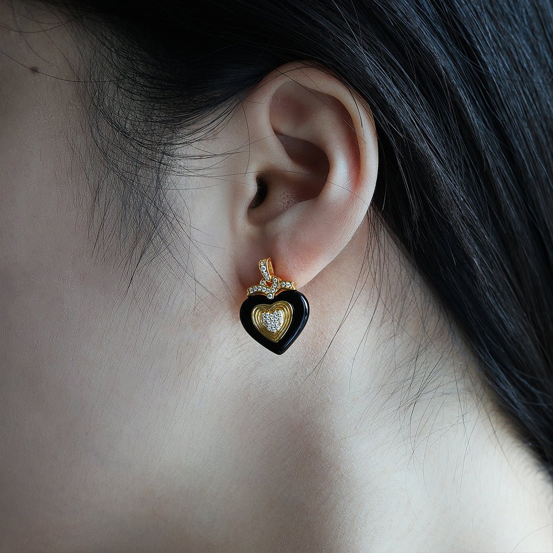 Black Agate Triple Romantic Heart Earrings - LGG Jewelry