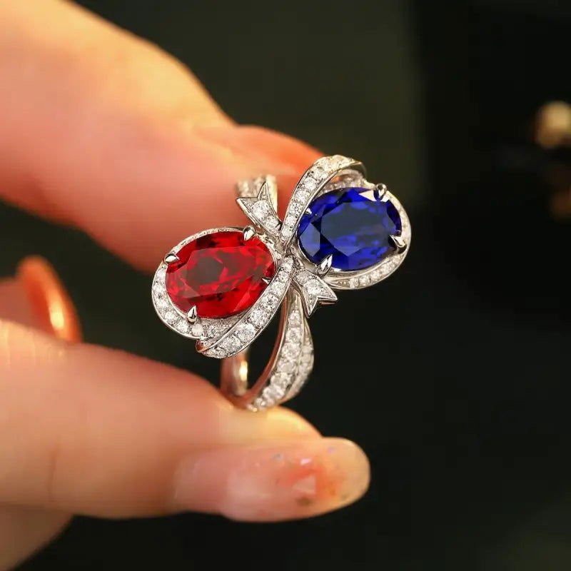 Bowknot 5.3 Ctw Oval Lab Ruby & Lab Blue Sapphire Toi Et Moi Engagement Ring - LGG Jewelry