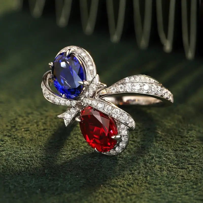 Bowknot 5.3 Ctw Oval Lab Ruby & Lab Blue Sapphire Toi Et Moi Engagement Ring - LGG Jewelry