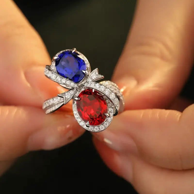 Bowknot 5.3 Ctw Oval Lab Ruby & Lab Blue Sapphire Toi Et Moi Engagement Ring - LGG Jewelry