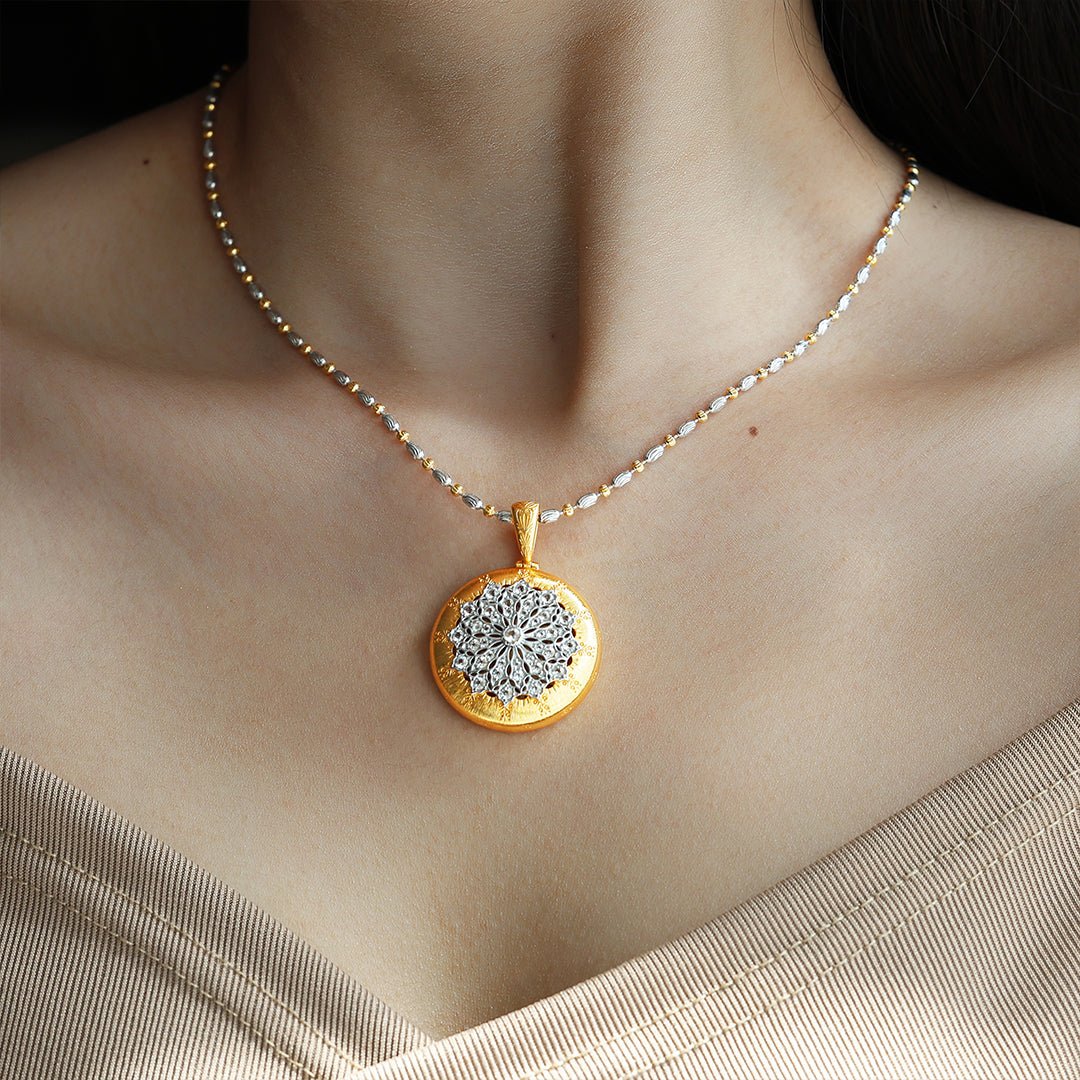 Brushed Gold CZ Antique Filigree Medallion Necklace - LGG Jewelry