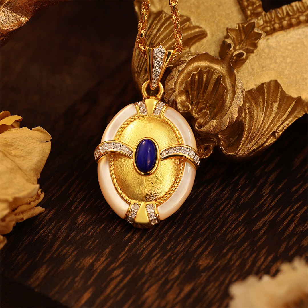 Brushed Gold & Nacre Filled Oval Lapis Lazuli & CZ Pendant Necklace - LGG Jewelry