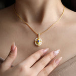 Lade Bild in die Galerieansicht, Brushed Gold &amp; Nacre Filled Oval Lapis Lazuli &amp; CZ Pendant Necklace - LGG Jewelry
