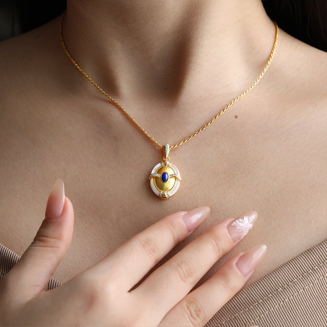 Brushed Gold & Nacre Filled Oval Lapis Lazuli & CZ Pendant Necklace - LGG Jewelry
