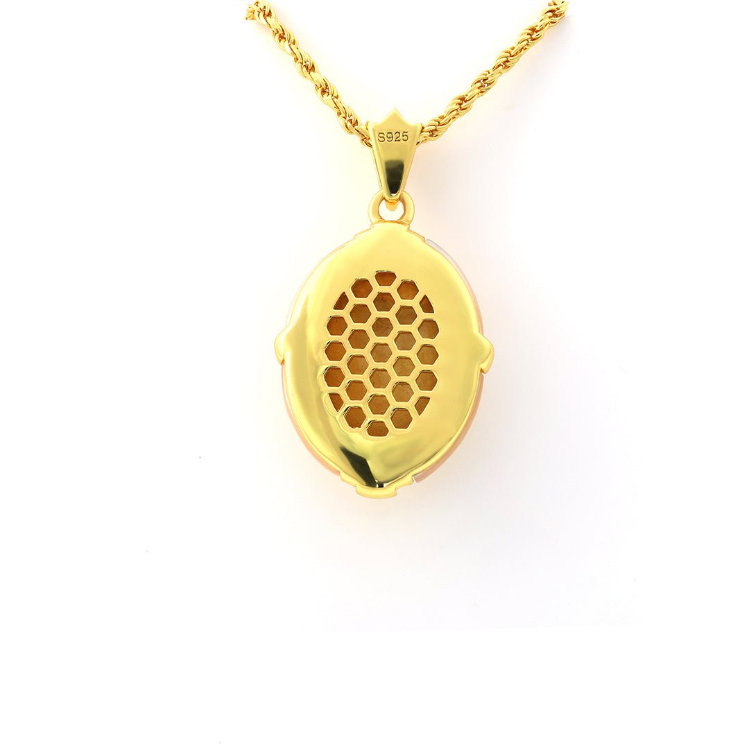 Brushed Gold & Nacre Filled Oval Lapis Lazuli & CZ Pendant Necklace - LGG Jewelry